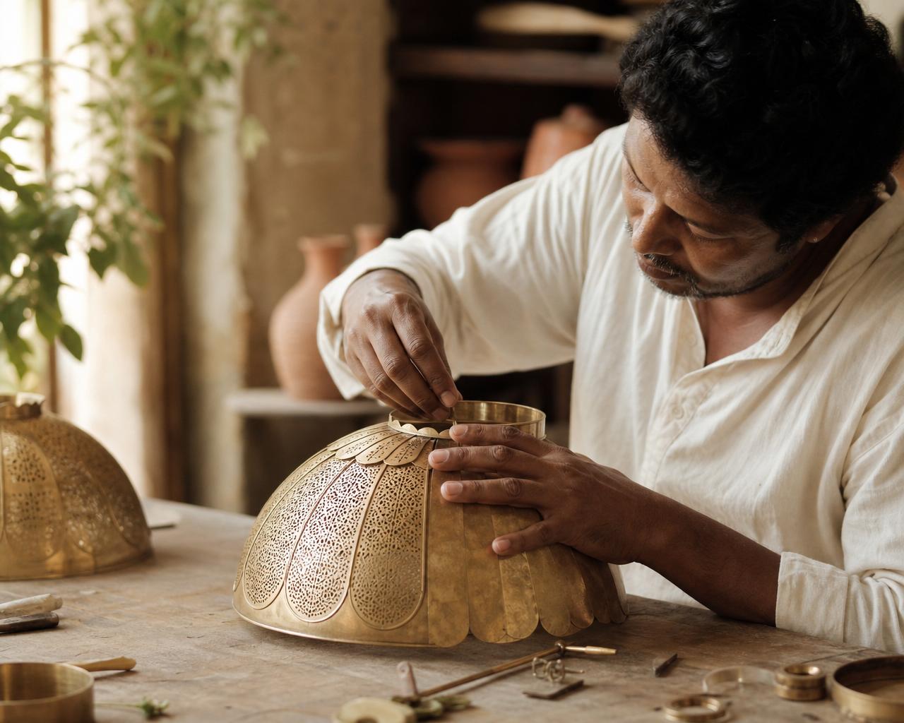 A craftsperson carefully assembling a brass lampshade by hand